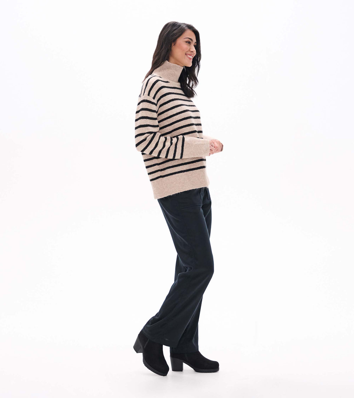 Cozy Mock Neck Sweater in Oatmeal & Black Stripes