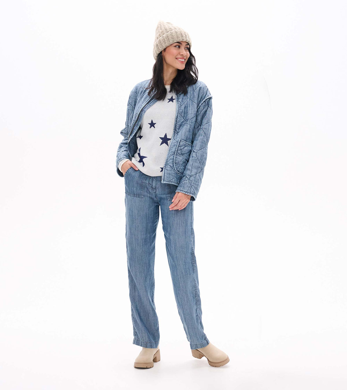 Rolled Edge Sweater in Navy Stars on Cream