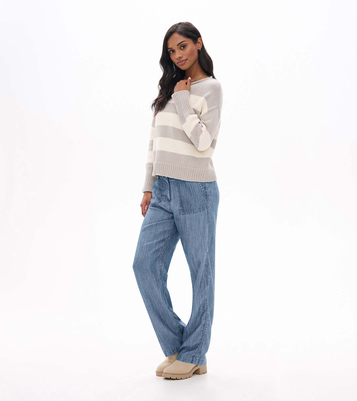 Rolled Collar Sweater in Stone Stripes