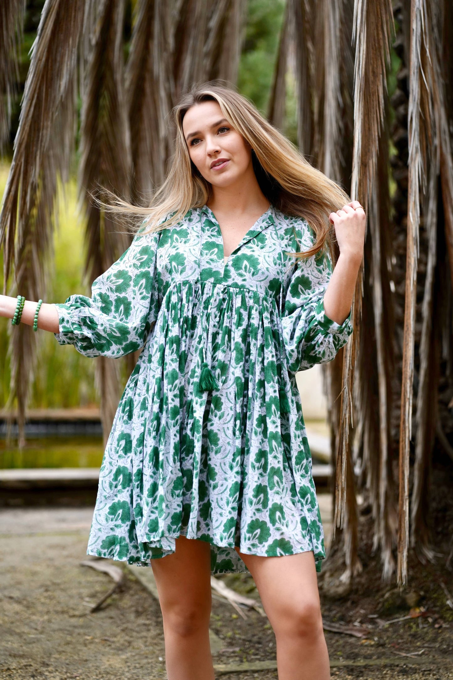 Raya Block Printed Mini Dress in Green