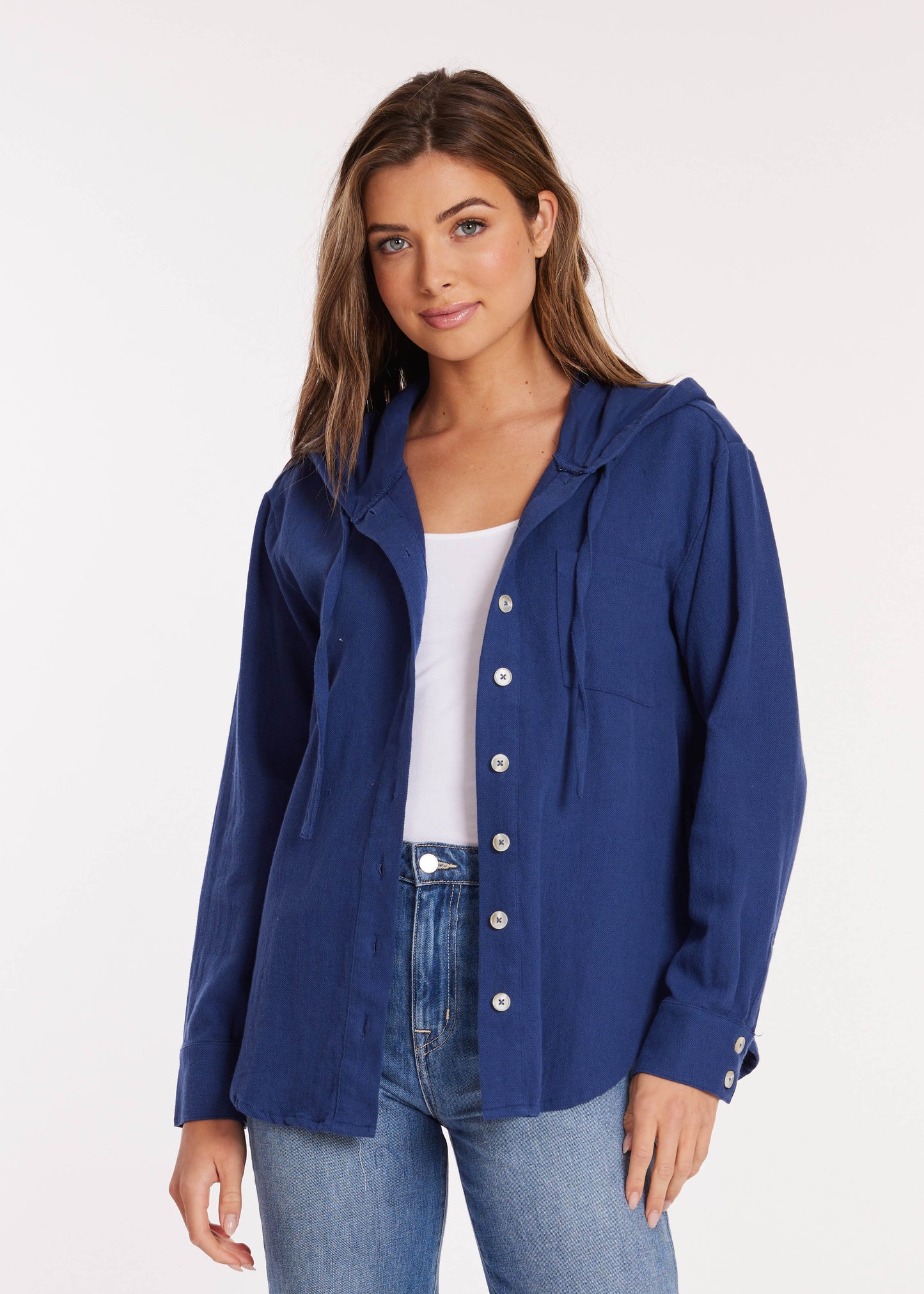 Roll Sleeve Hooded Shacket in Ocean