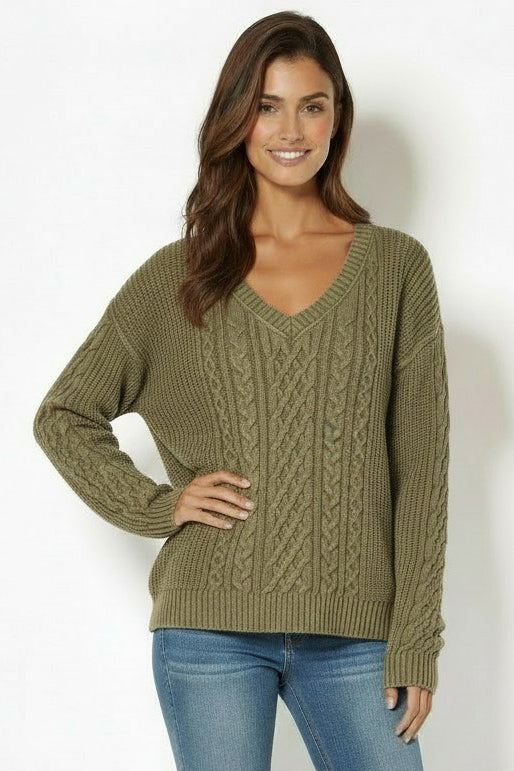 Mododoc V-Neck Mix Stitch Sweater in Vintage Fern - product photo