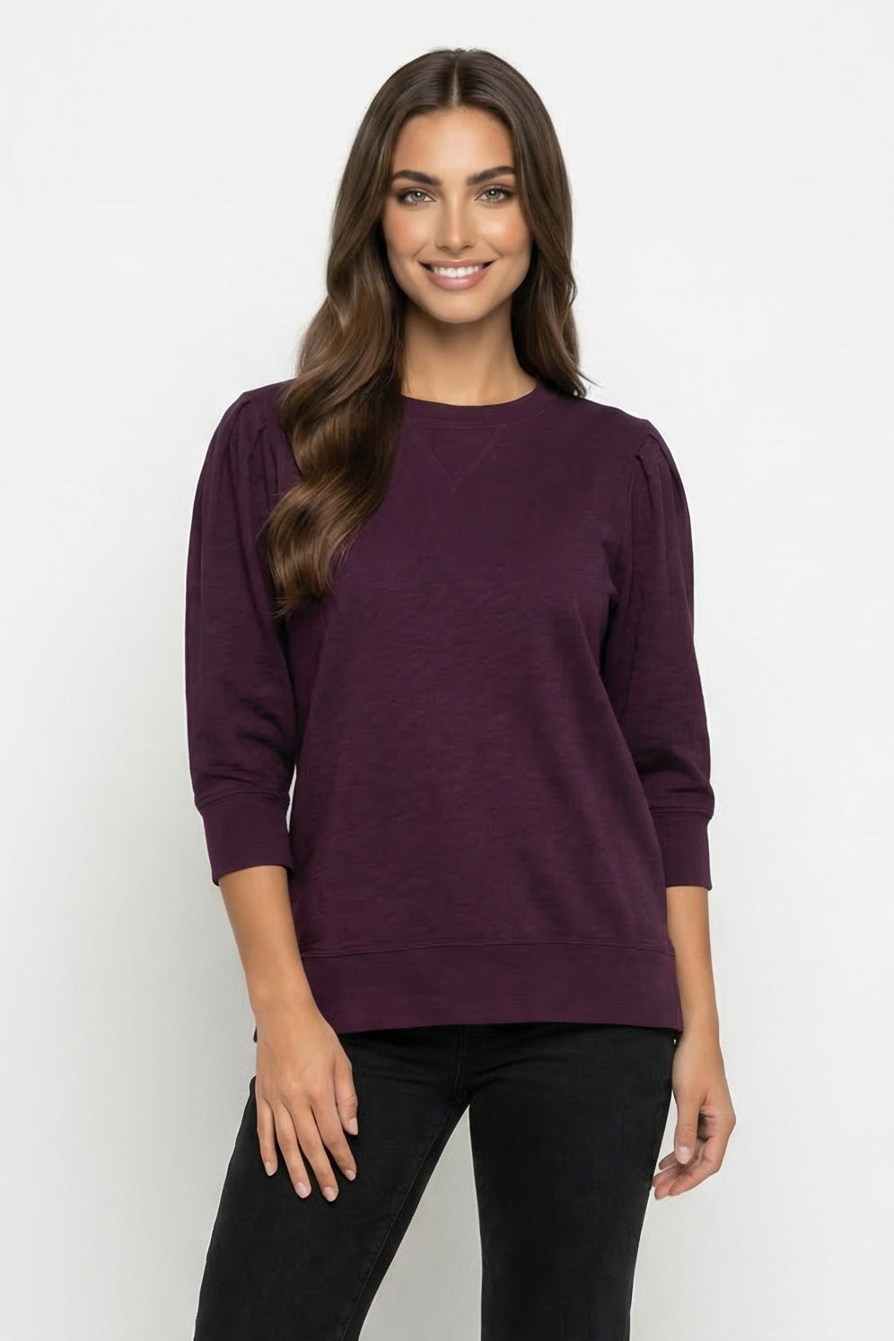Mododoc 3/4-Sleeve Pleated Pullover Tee in Grape - product photo