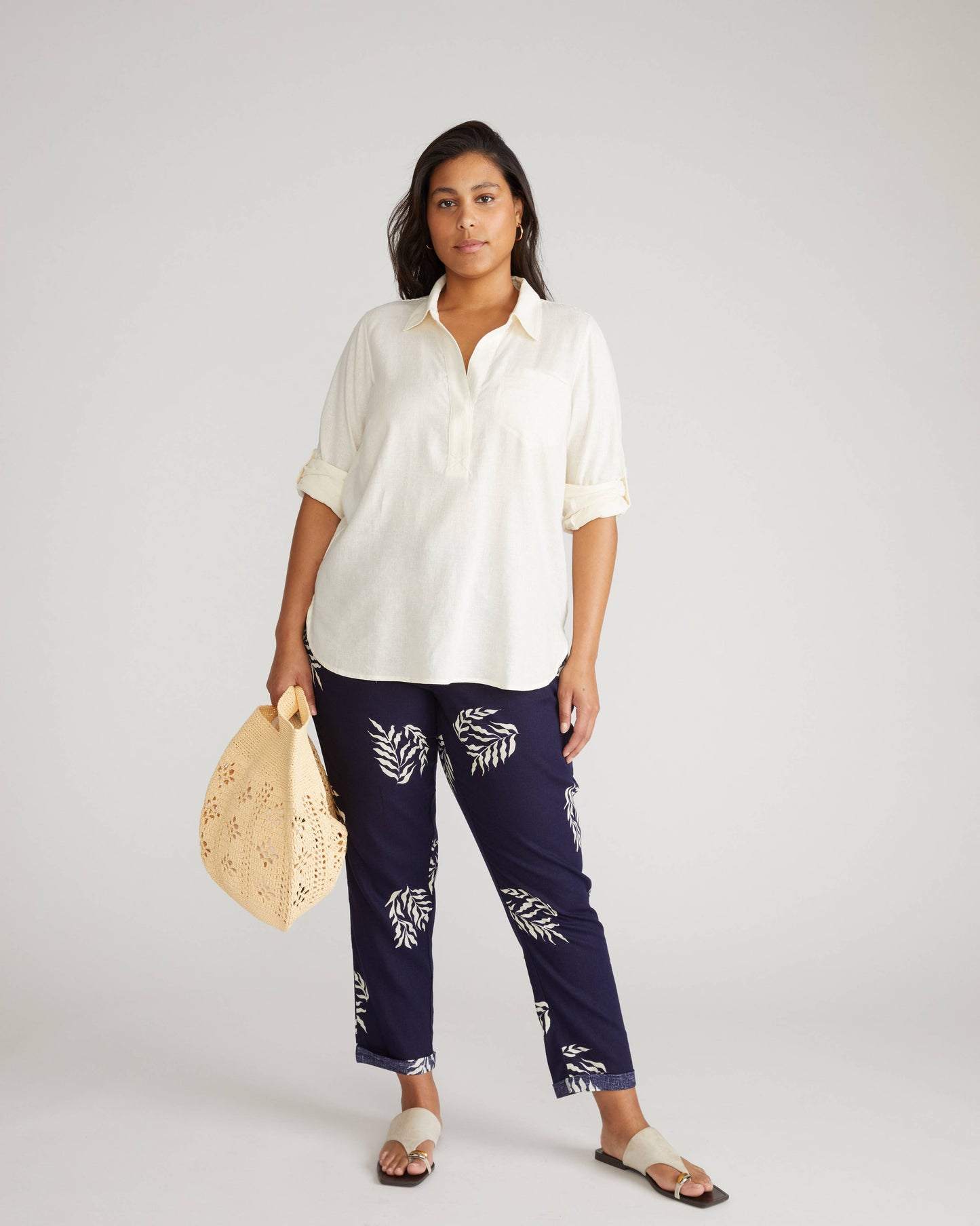 Button Back Linen Polo Shirt in White