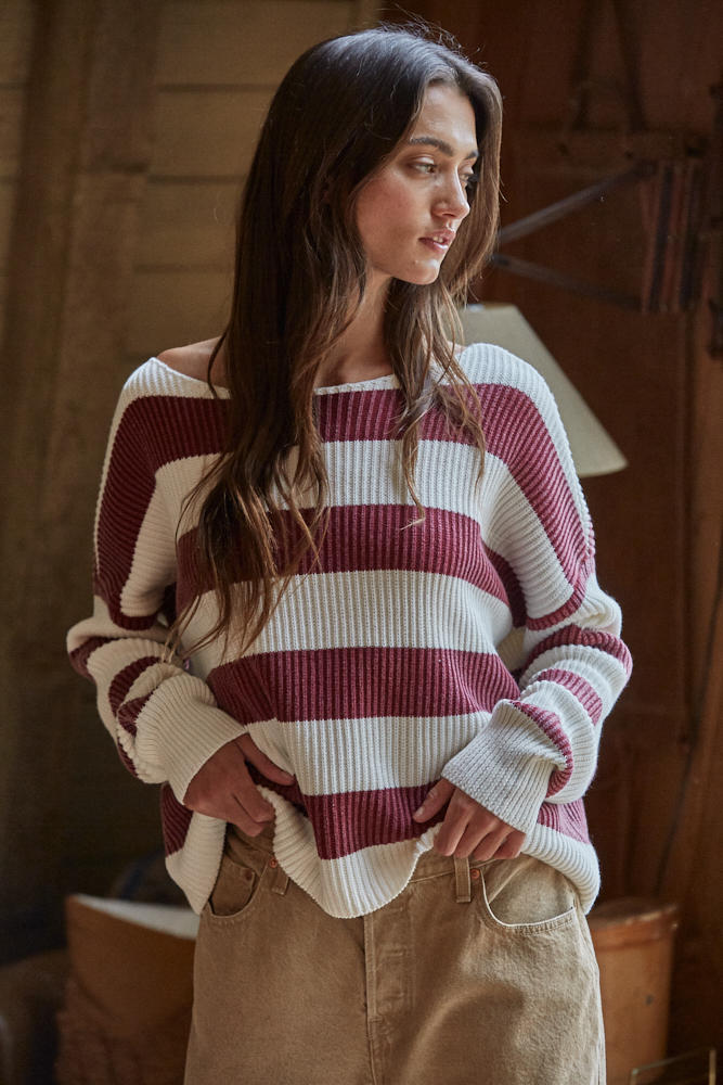 Calloway Striped Boatneck Sweater in Wine