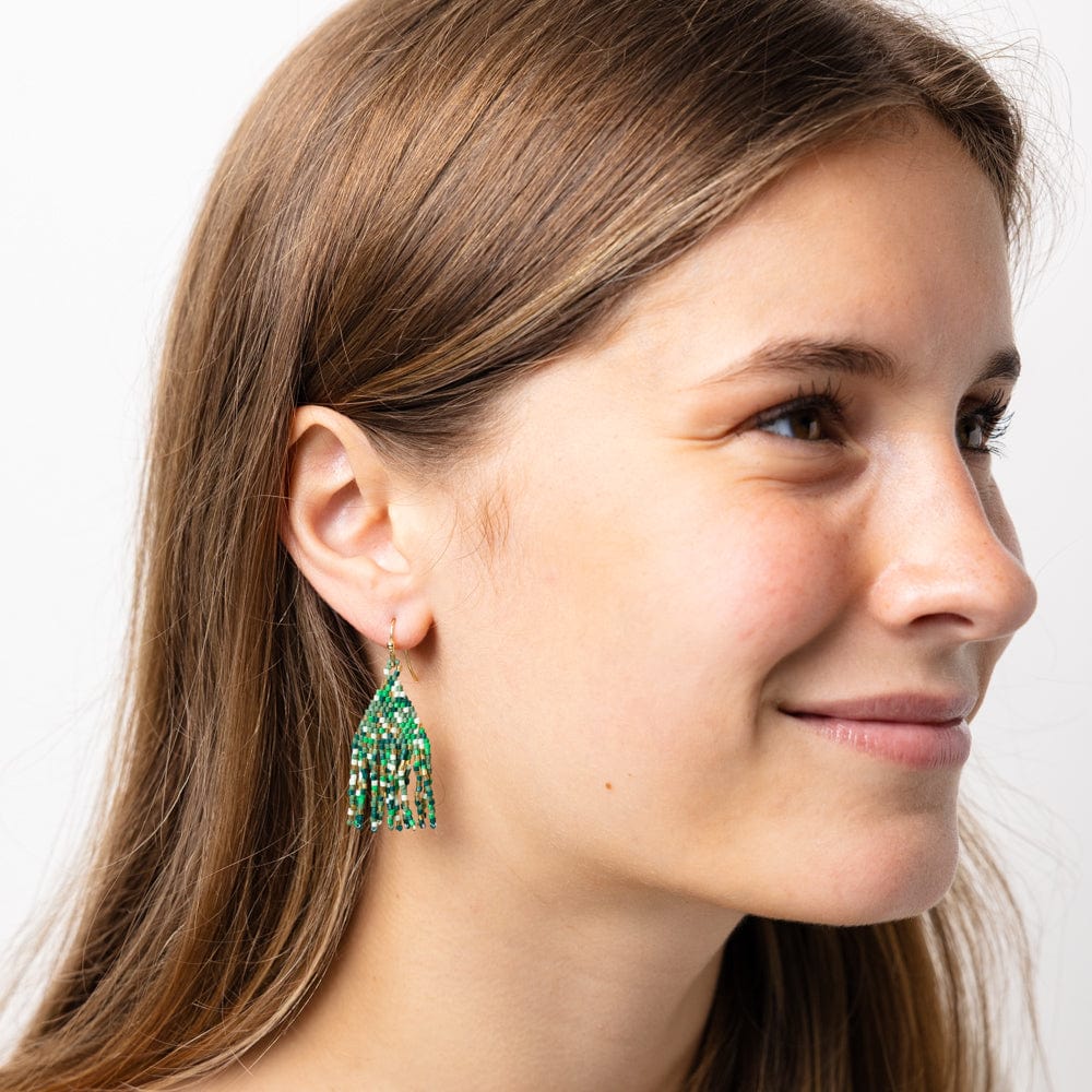 Cassie Confetti Fringe Earrings in Green + Gold