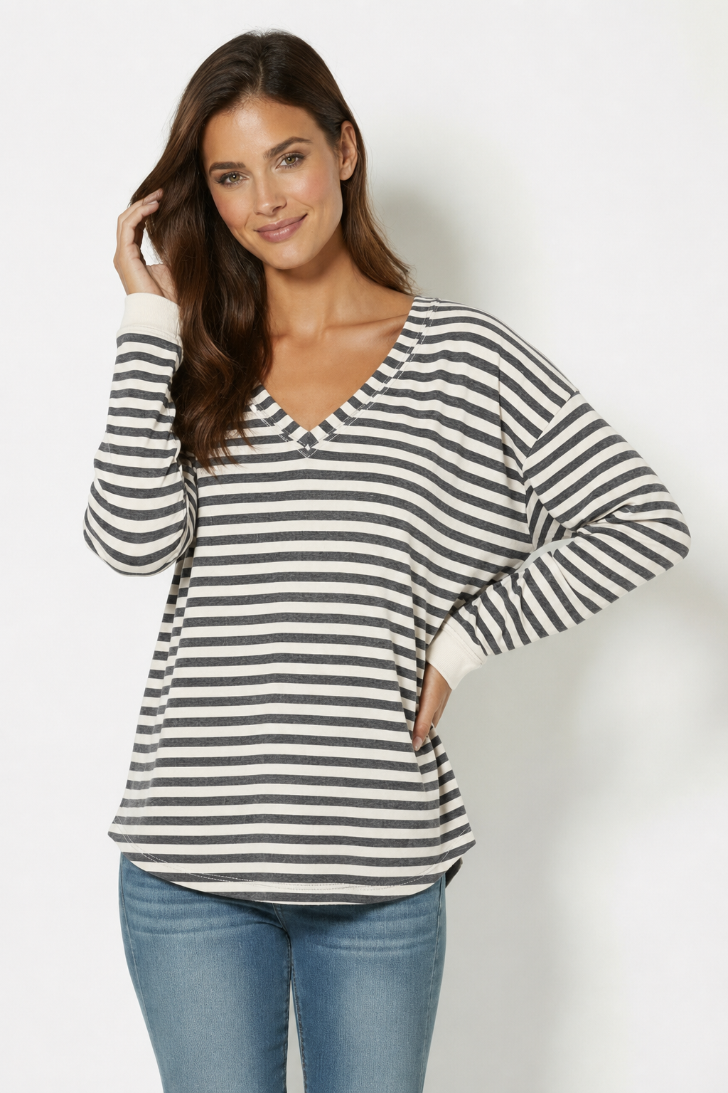V-Neck Easy Fit Top in Ivory/Charcoal Stripe