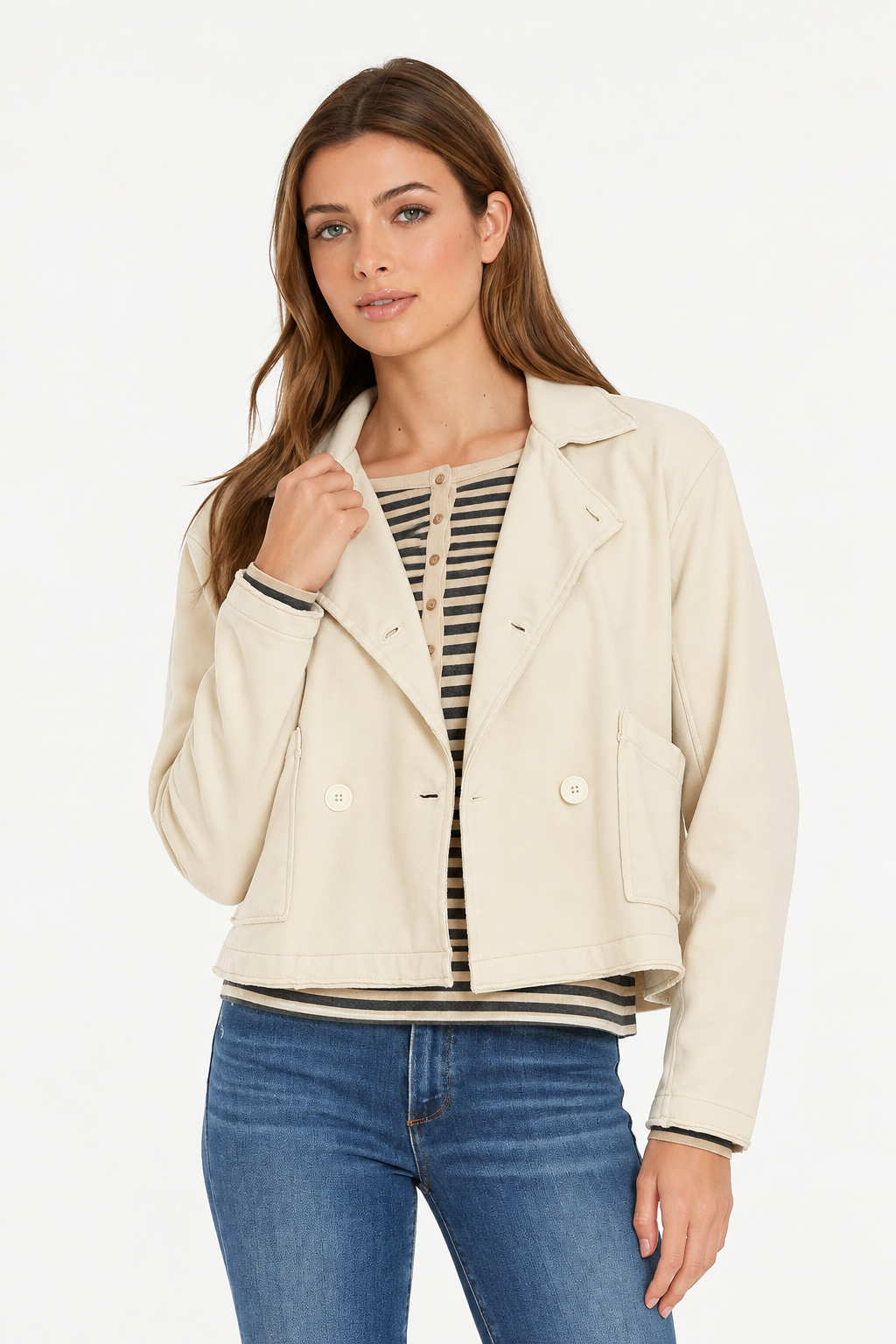 Mododoc Double-Breasted Cropped Jacket in Pearlescent - product photo