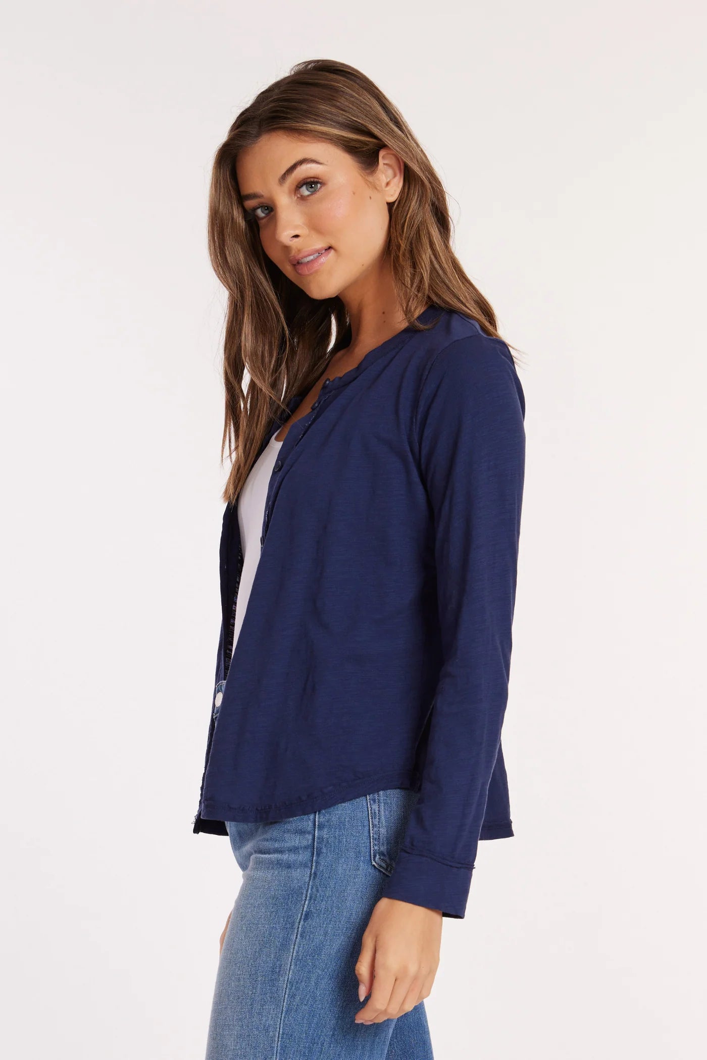 Long Sleeve Button-Up Slim Cardi in Vibrant Navy