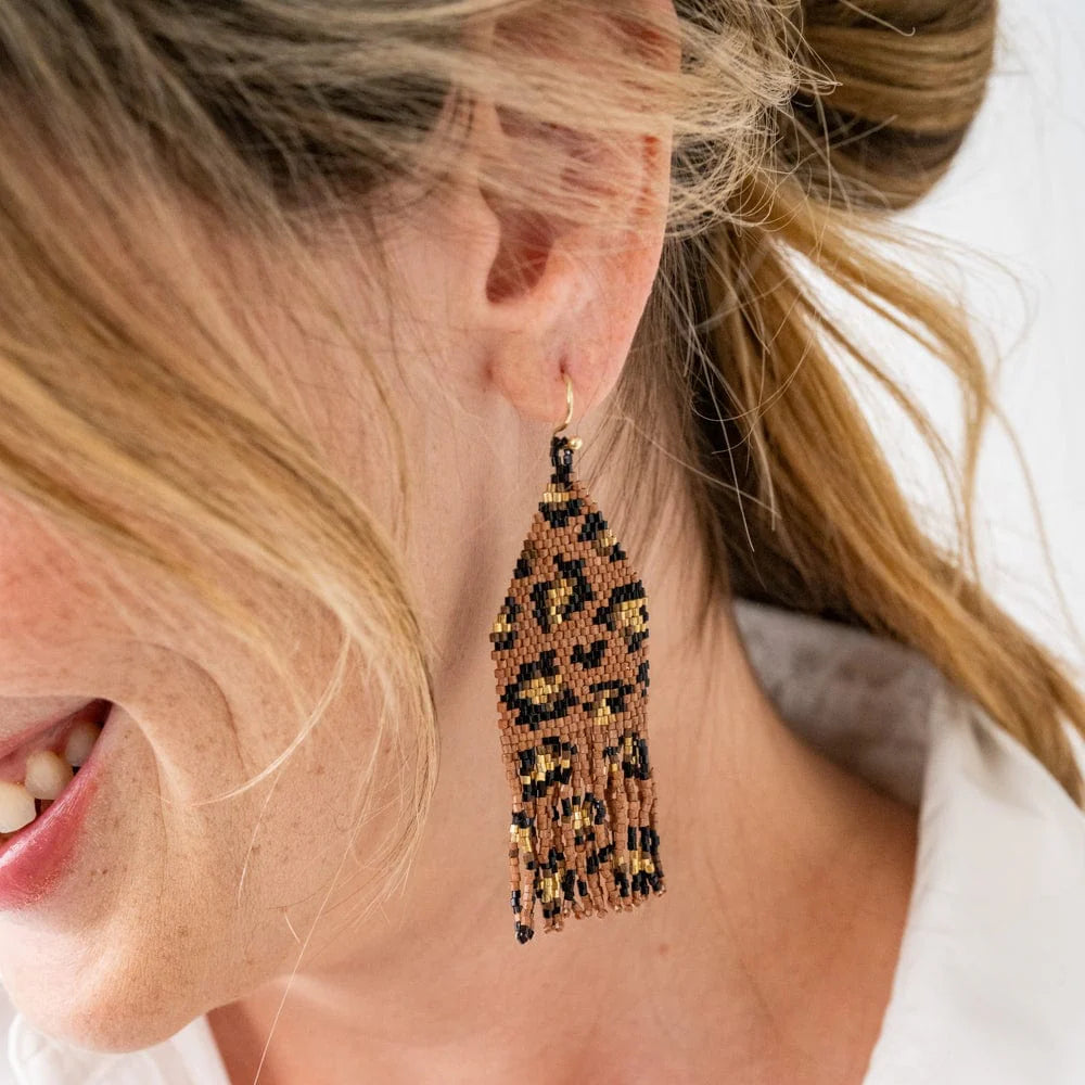 Delilah Cheetah Print Beaded Fringe Earrings