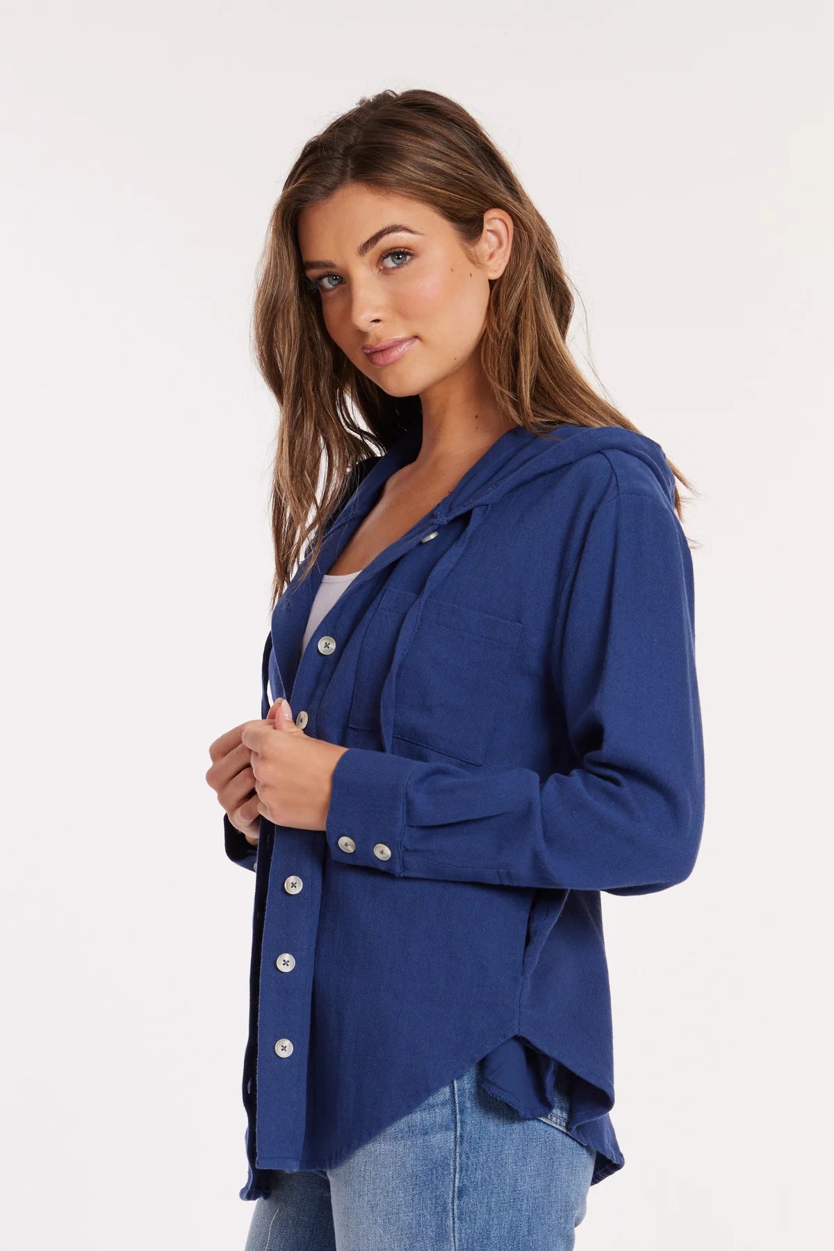 Roll Sleeve Hooded Shacket in Ocean