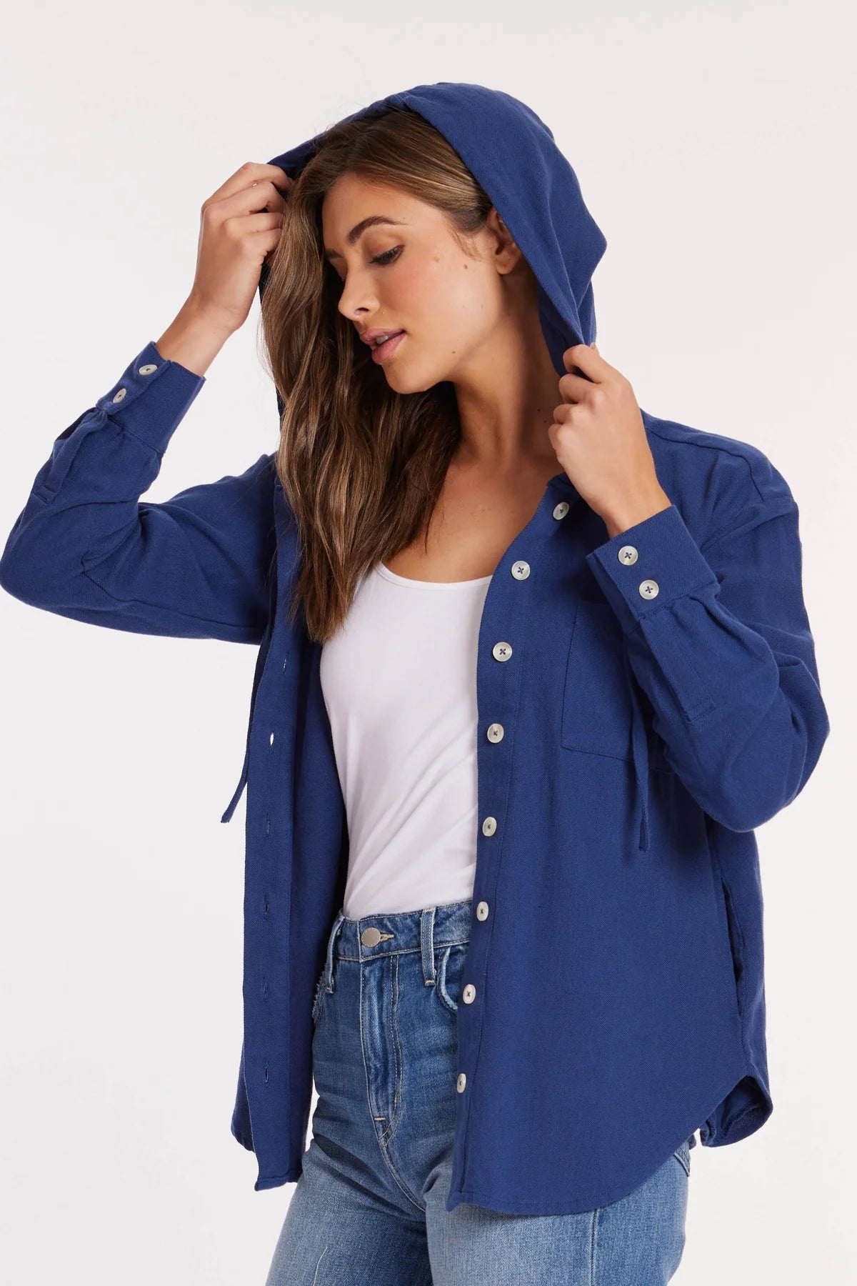 Roll Sleeve Hooded Shacket in Ocean