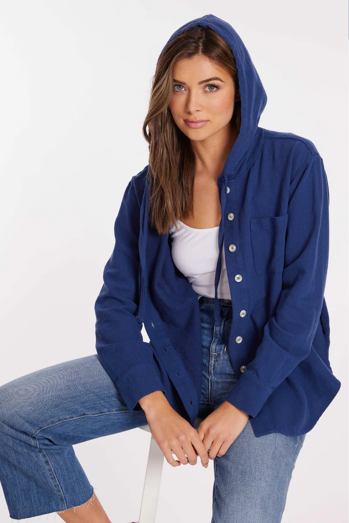 Roll Sleeve Hooded Shacket in Ocean