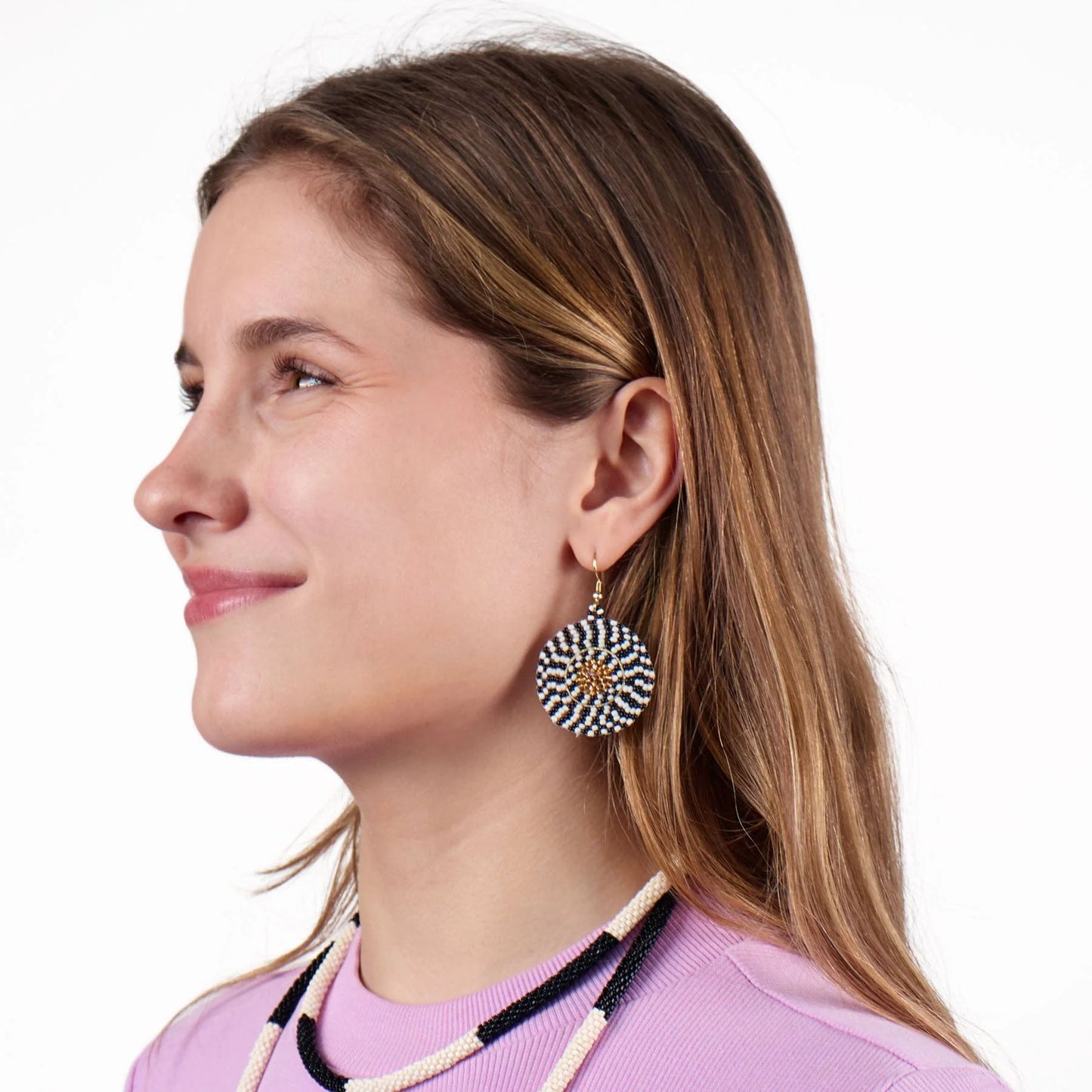 Ilene Round Beaded Dangle Earrings in Black And White