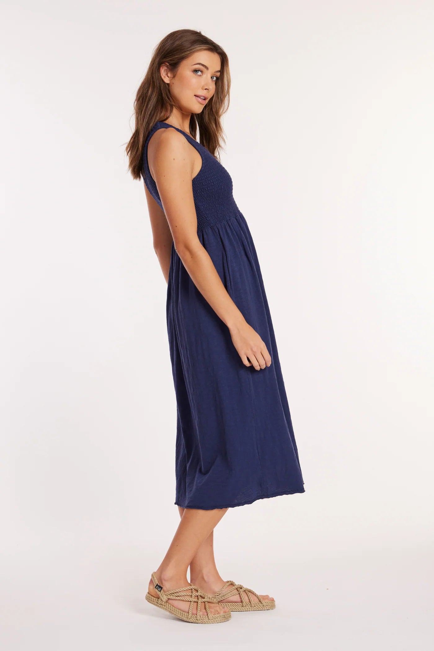Smocked Tank Midi Dress in Vibrant Navy