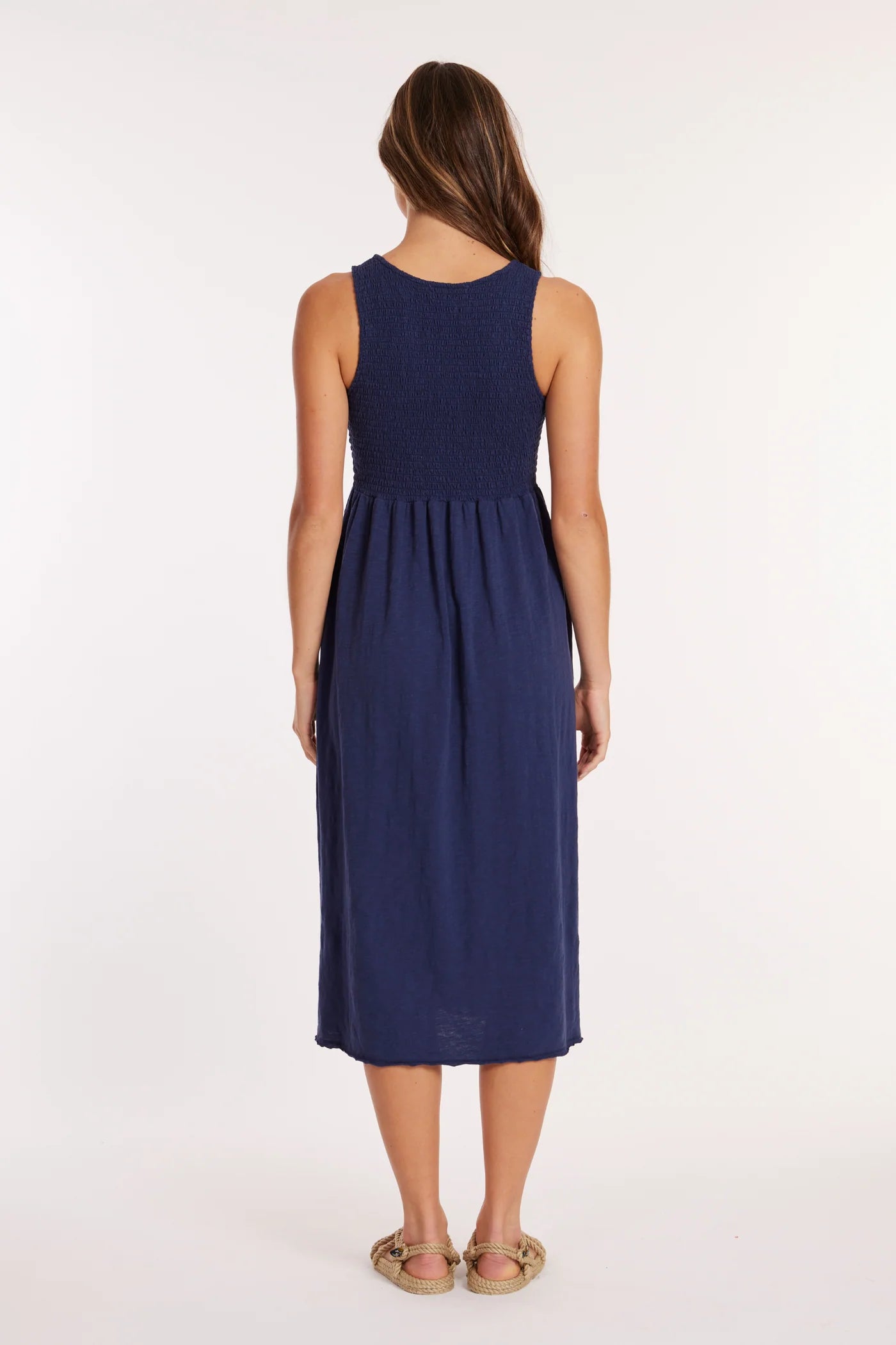 Smocked Tank Midi Dress in Vibrant Navy