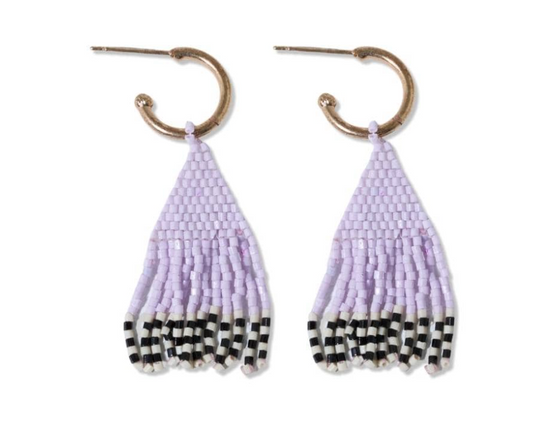 Leta Mini Gold Hoop Solid With Black/White Bottom Beaded Fringe Earrings Light Lavender