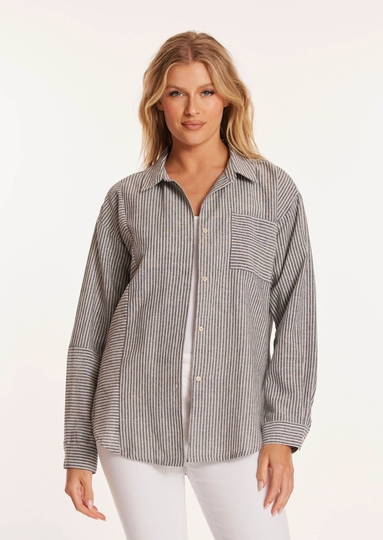 Long Sleeve Oversize Mix Media Shirt in Ebony & Natural