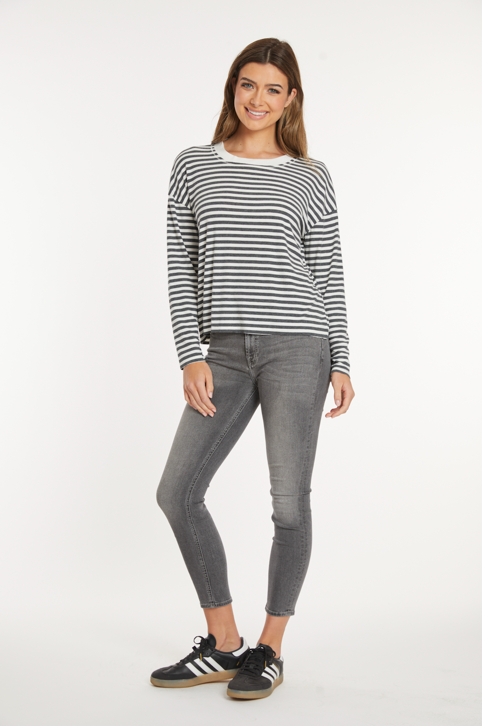 Drop Shoulder Boxy Crew Tee in Ivory/Charcoal Stripe