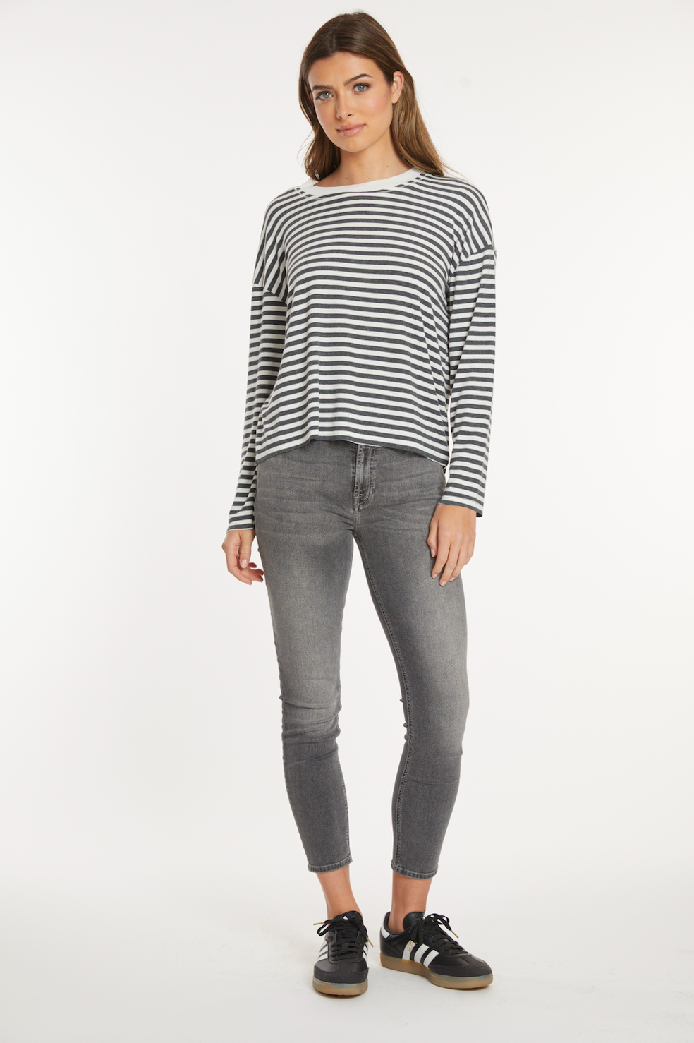 Drop Shoulder Boxy Crew Tee in Ivory/Charcoal Stripe
