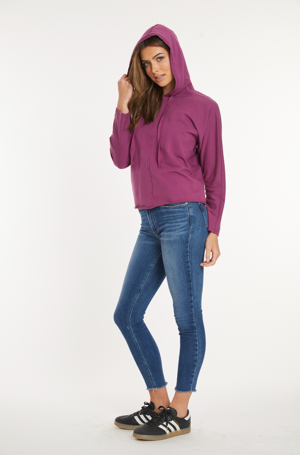 Long Sleeve Kimono Sleeves Hoodie in Wildberry