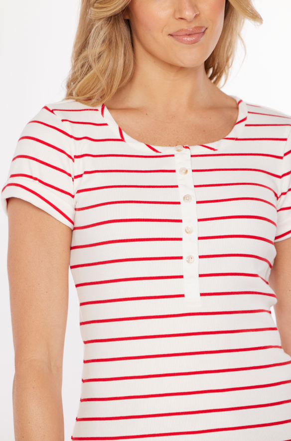 Slim Henley in Ivory & Red Stripe