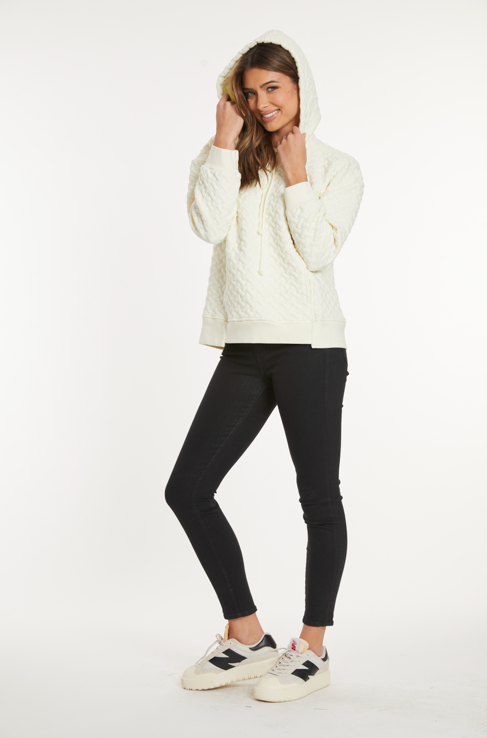 Quilted Long Sleeve Oversize Step Hem Hoodie in Ivory