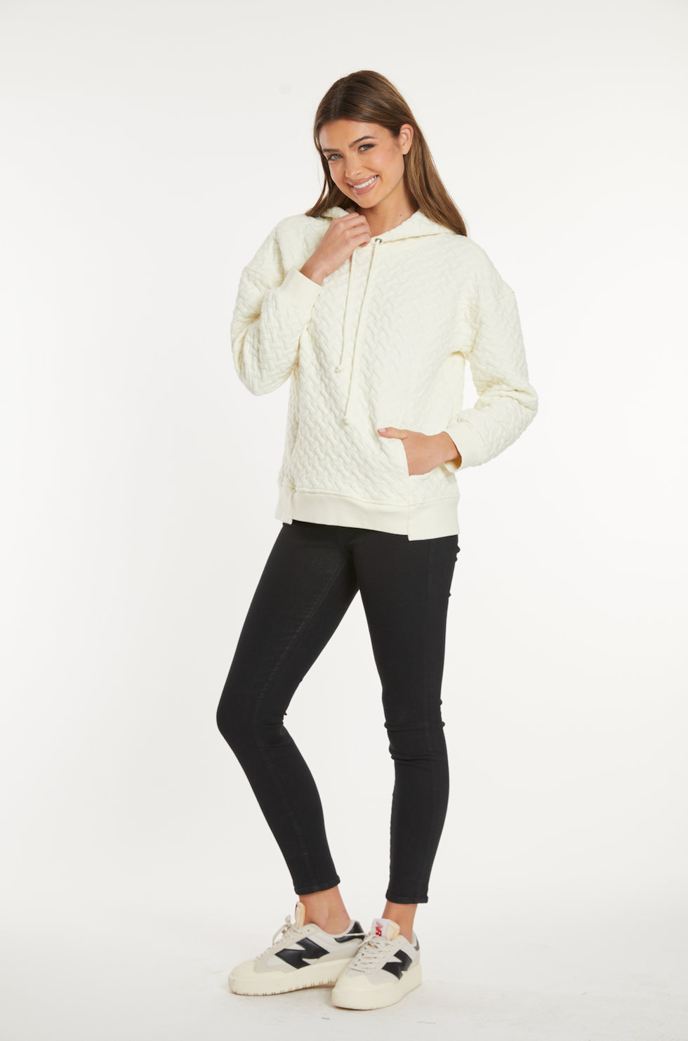 Quilted Long Sleeve Oversize Step Hem Hoodie in Ivory