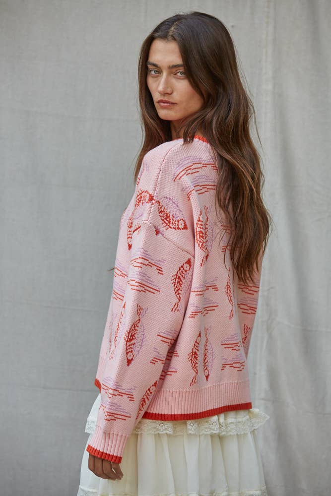 Fish Jacquard Crew Neck Sweater