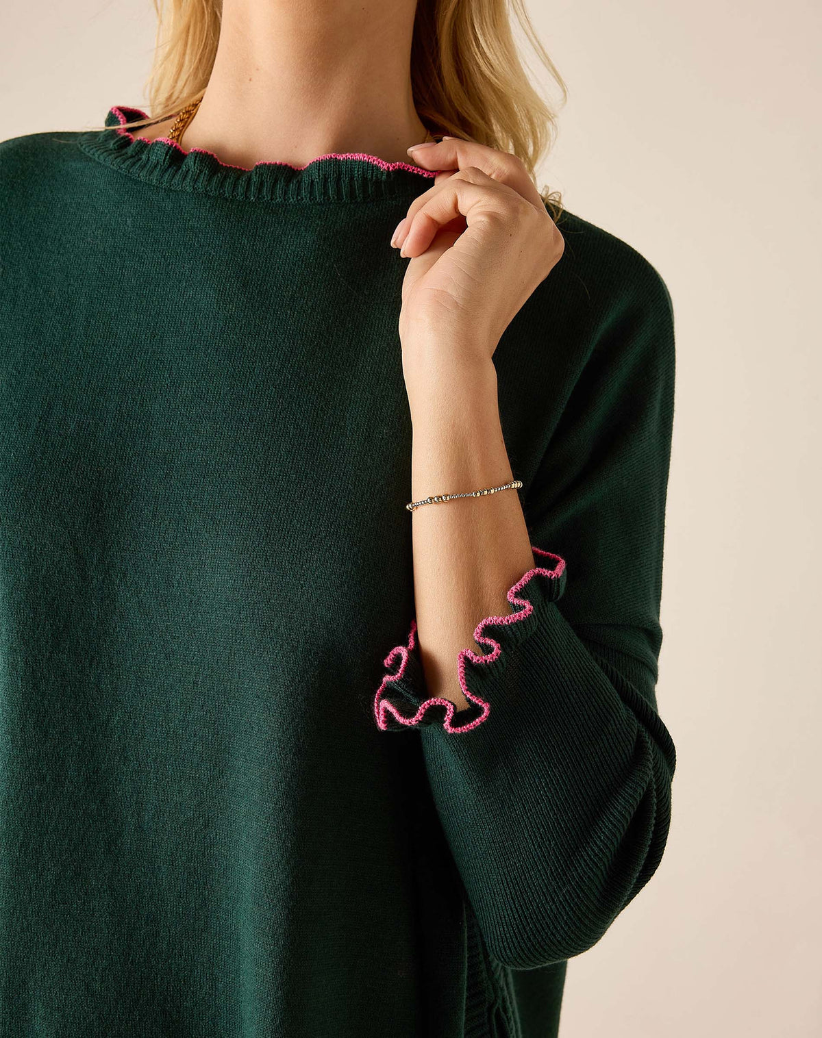 Catalina Cotton Ruffle Sweater in Forest/Bubblegum