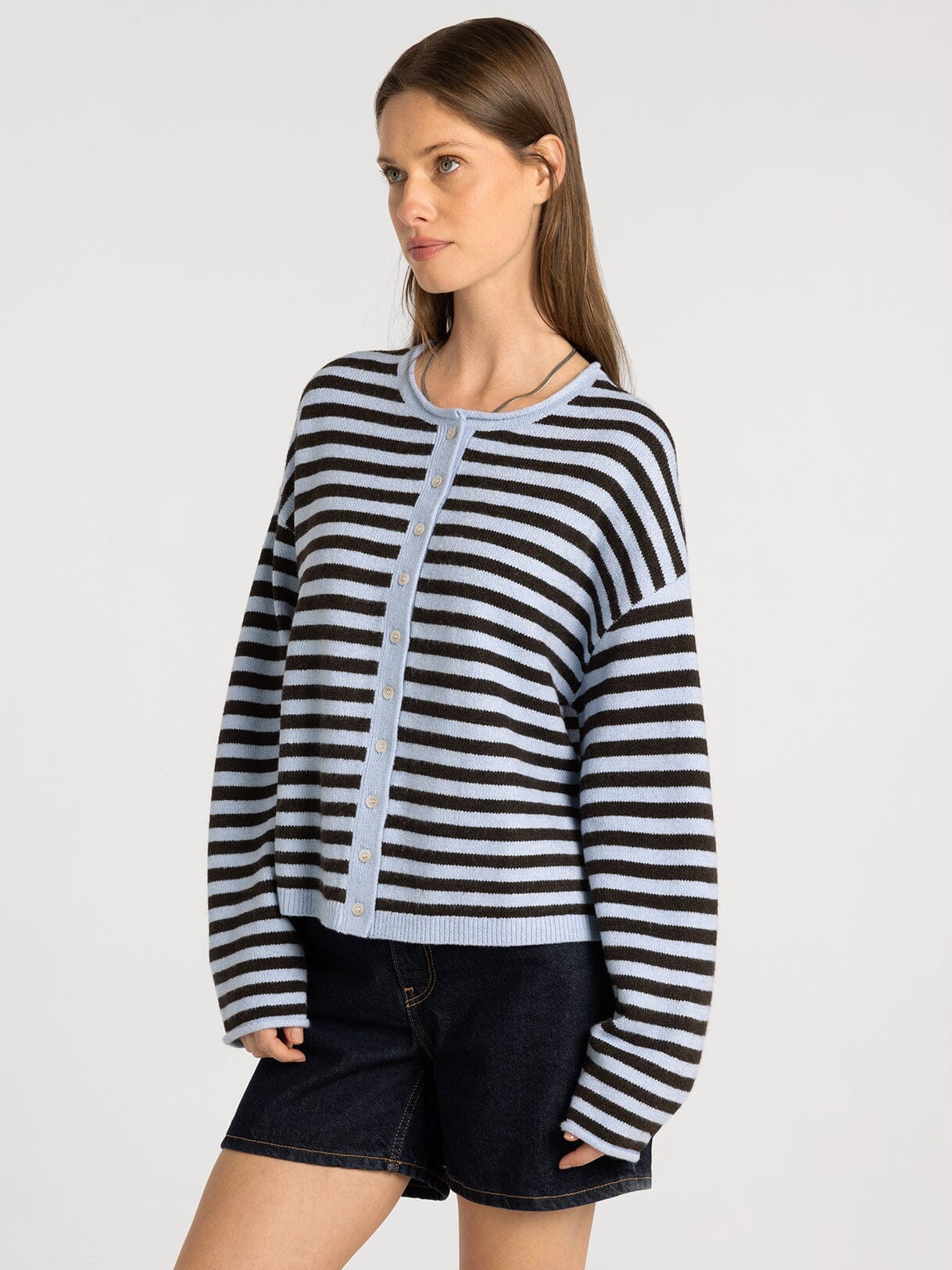 Dover Cardigan in Blue Brown Stripe