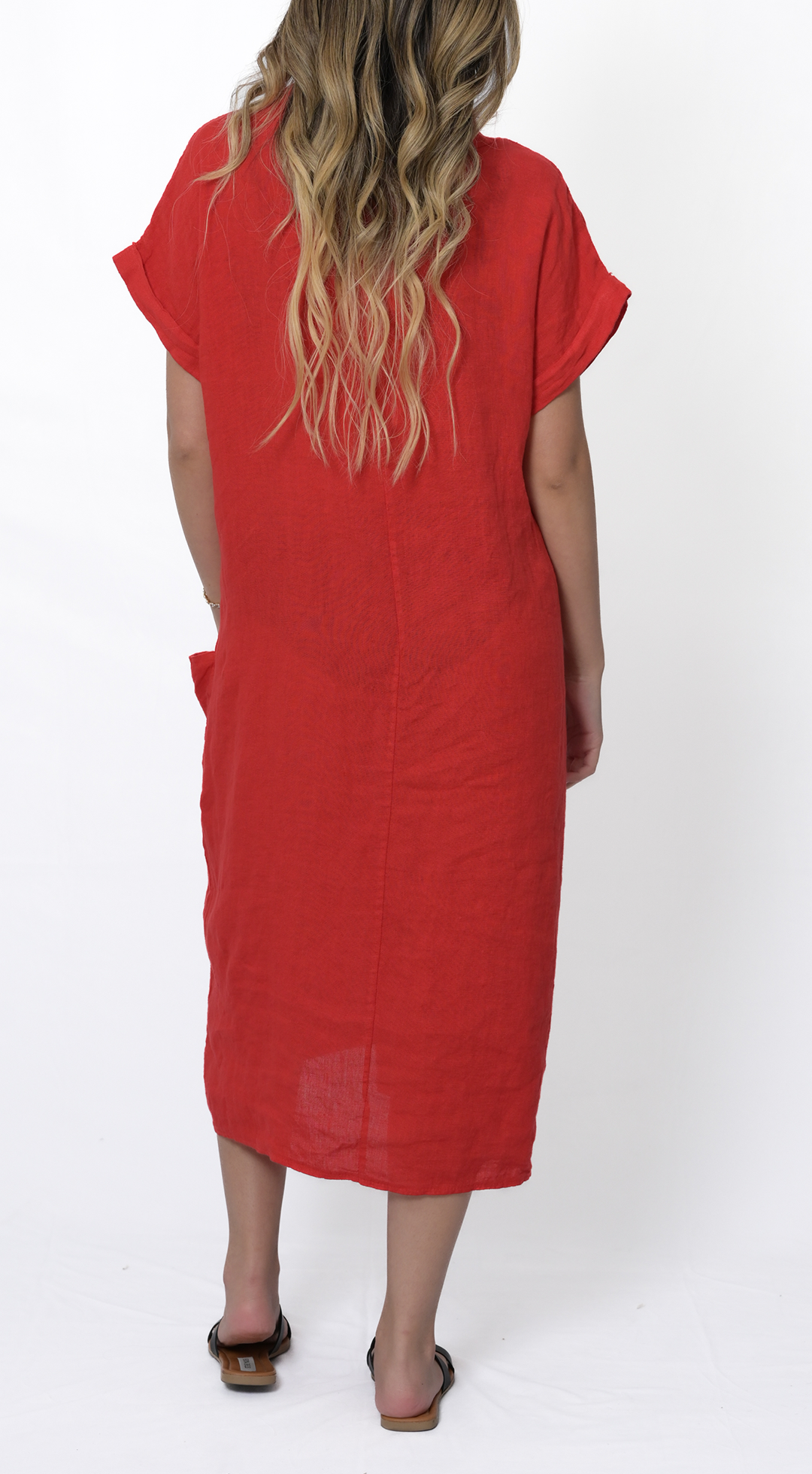 Linen V-Neck Fitted Dress in Red
