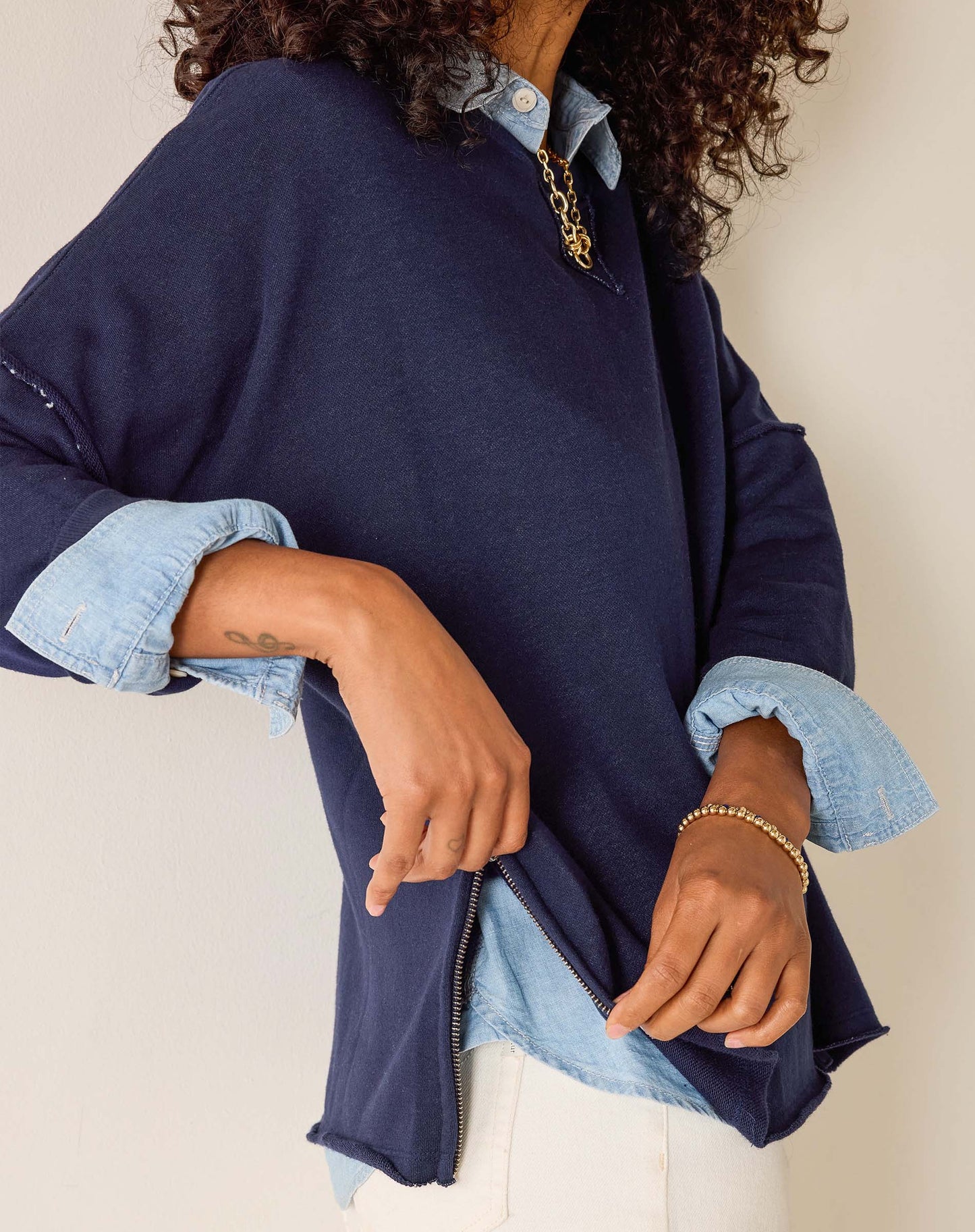 Frenchie Side Zip Crewneck in Cadet Blue