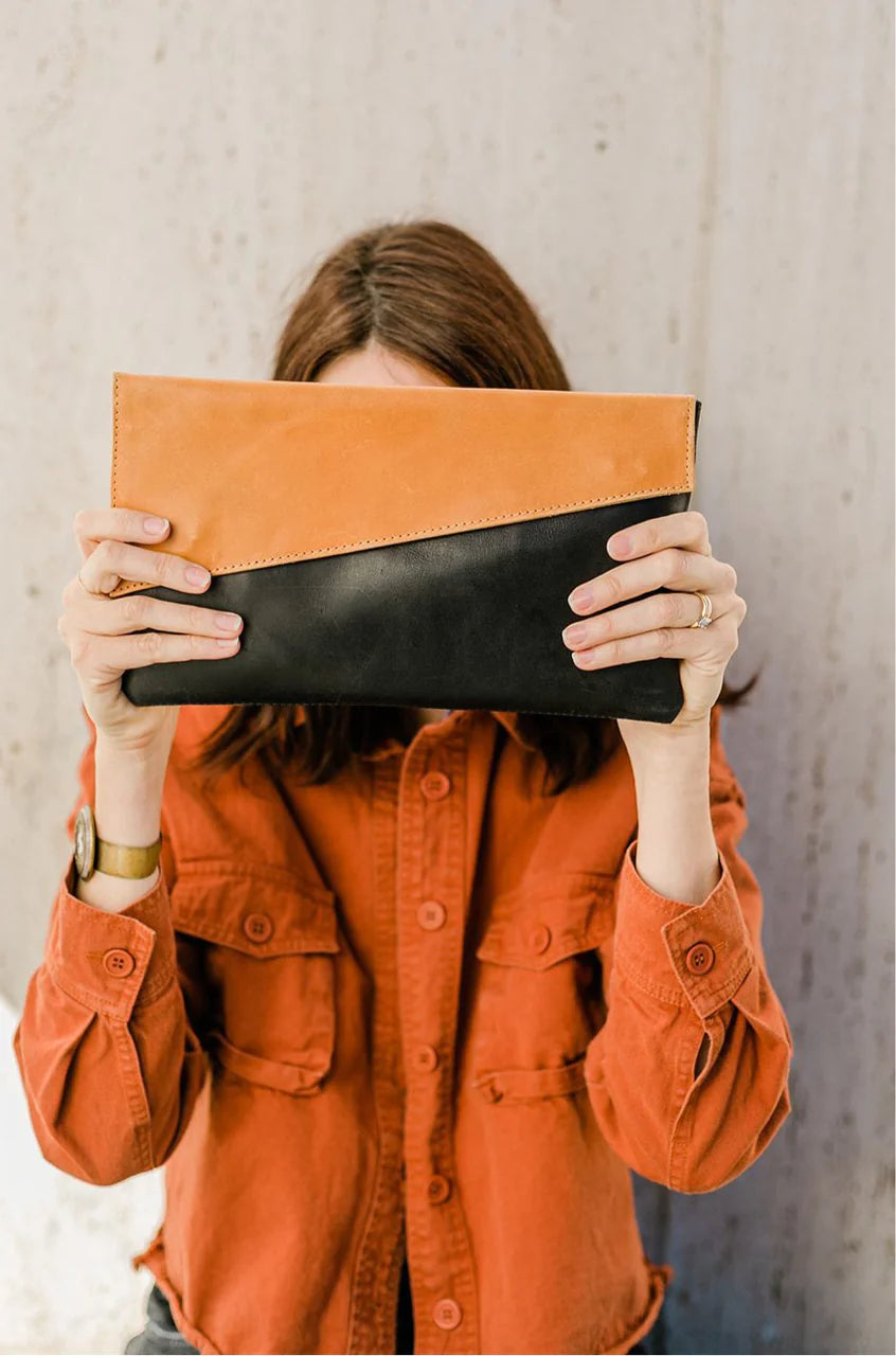 GR Convertible Crossbody & Clutch in Caramel + Ink Black