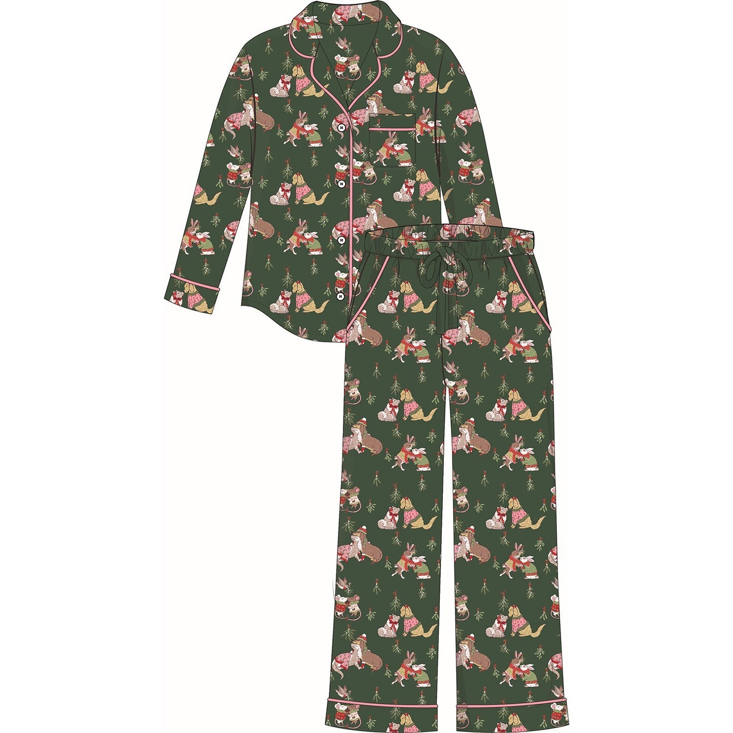 Mistletoe Kiss-Lightweight Flannel-Long PJ Set-Gre