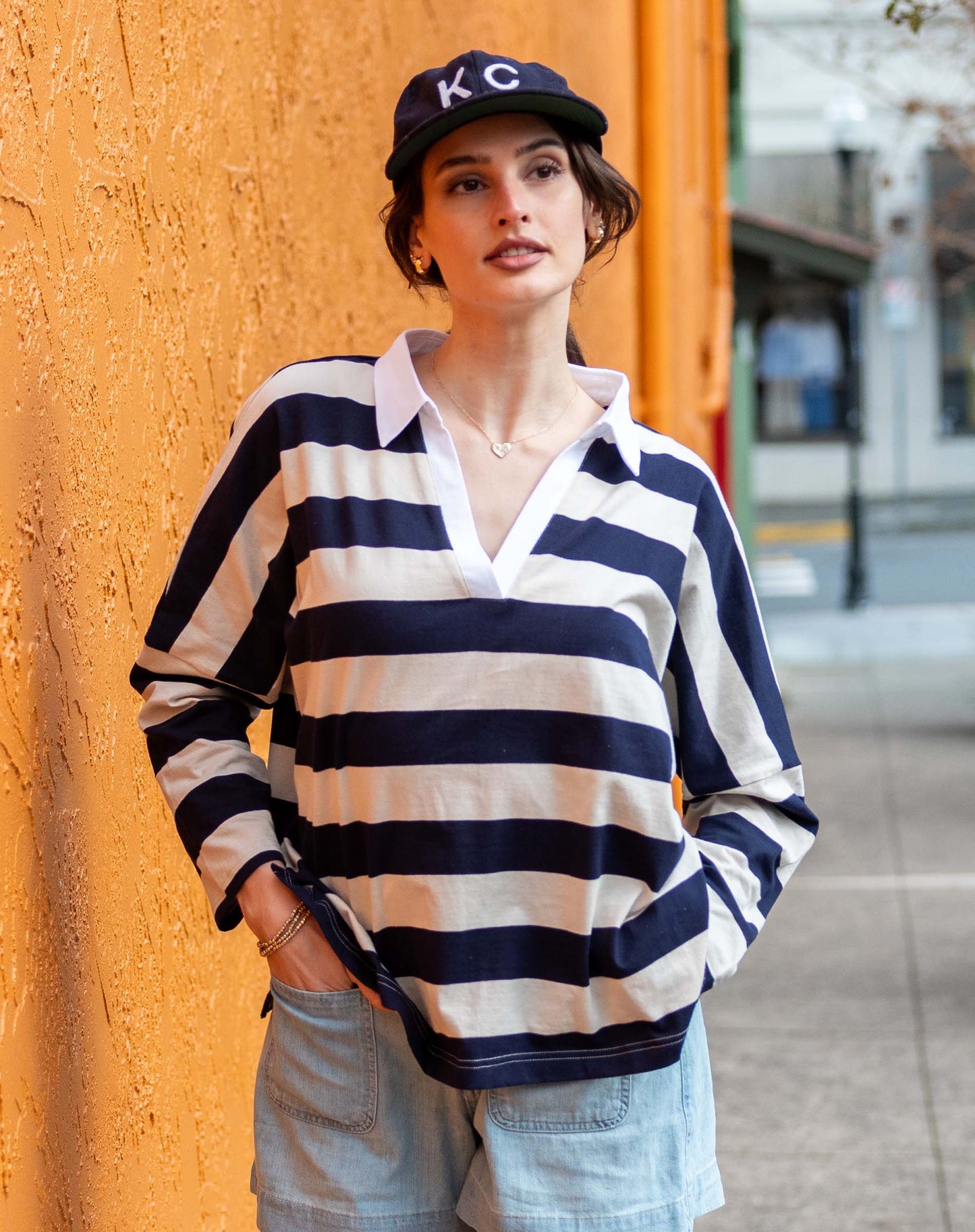 Amelia Rugby Tee in Ecru + Navy Stripe