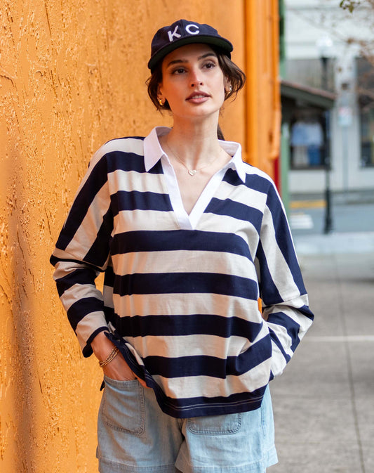Amelia Rugby Tee in Ecru + Navy Stripe
