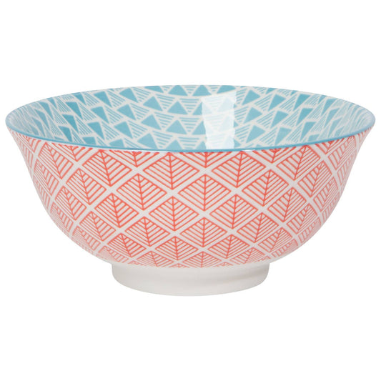 Red Blue Leaf Geo Stamped Bowl - 6"