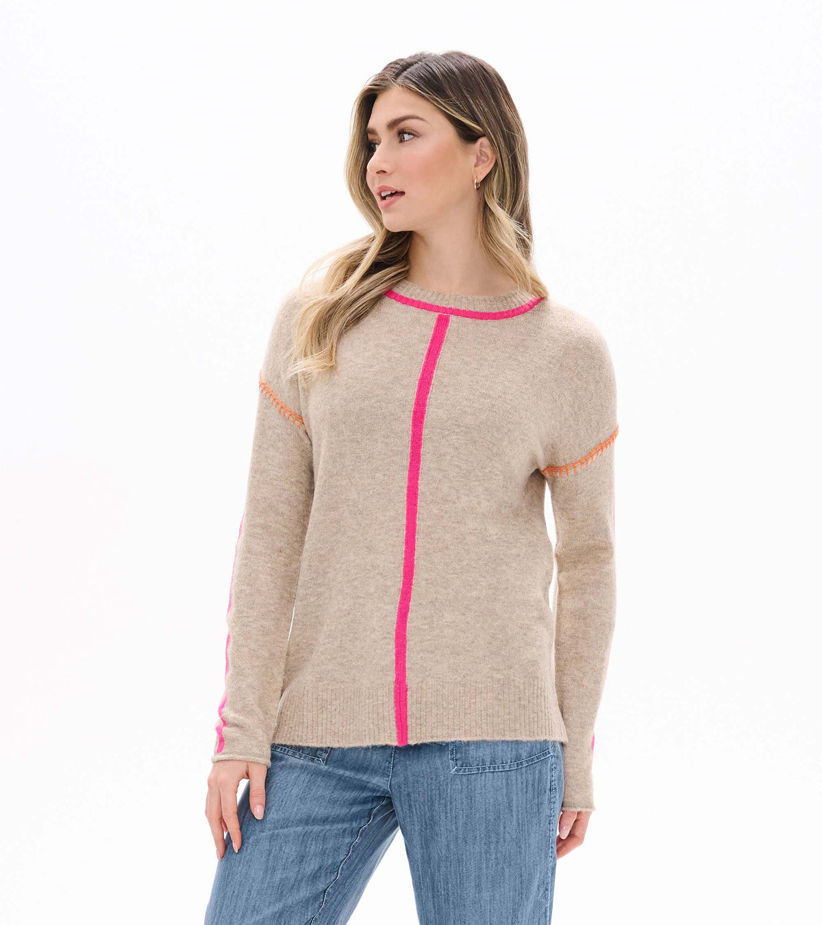 Maeve Sweater in Oatmeal & Neon Pink