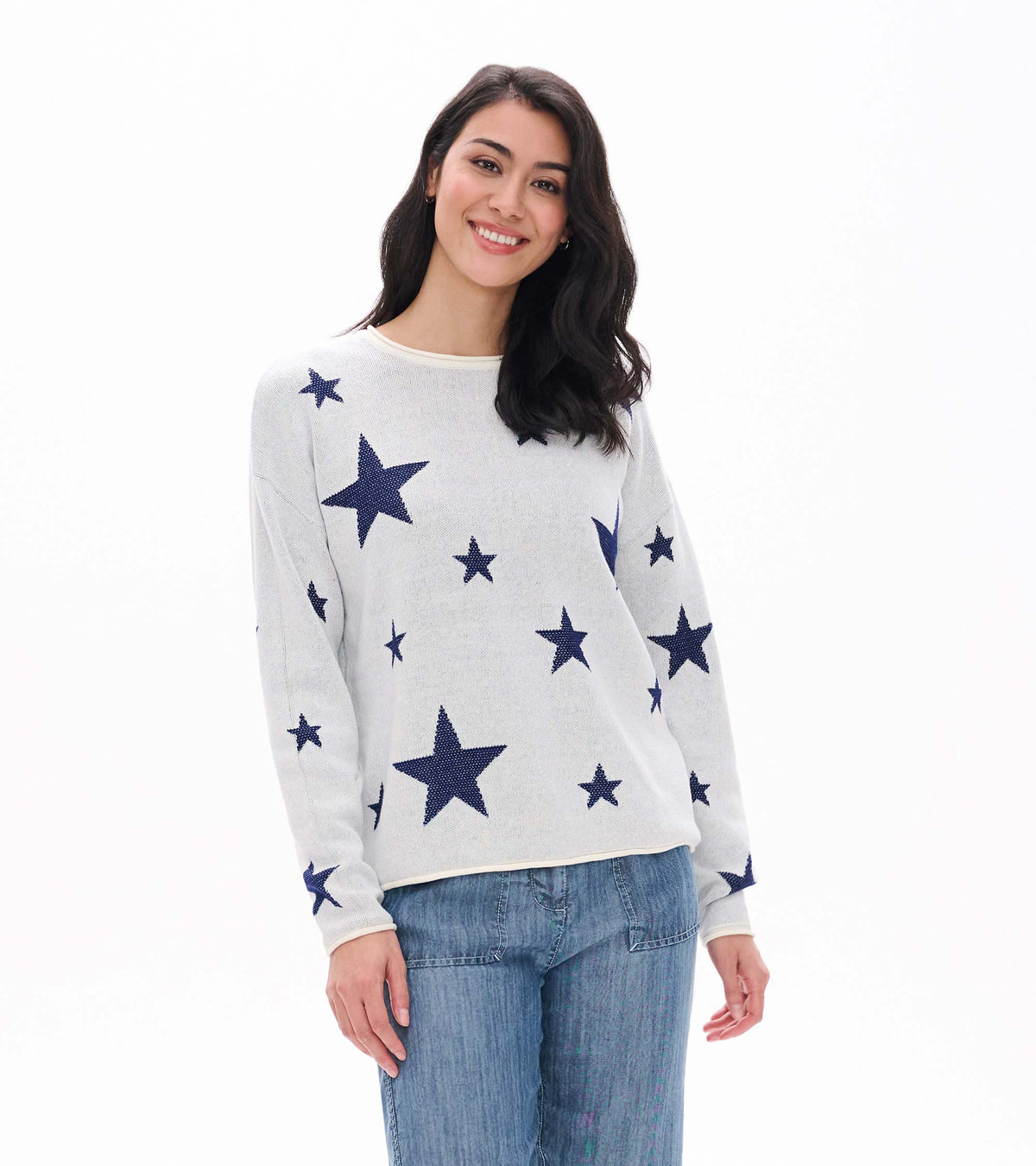 Rolled Edge Sweater in Navy Stars on Cream