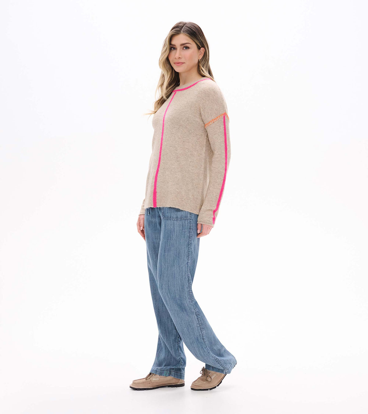 Maeve Sweater in Oatmeal & Neon Pink