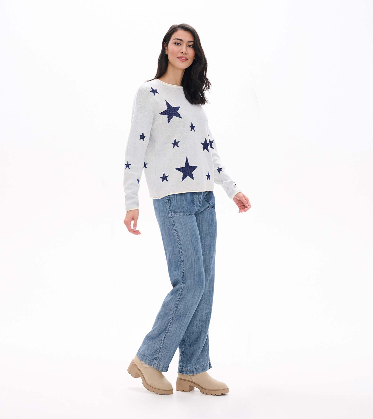 Rolled Edge Sweater in Navy Stars on Cream