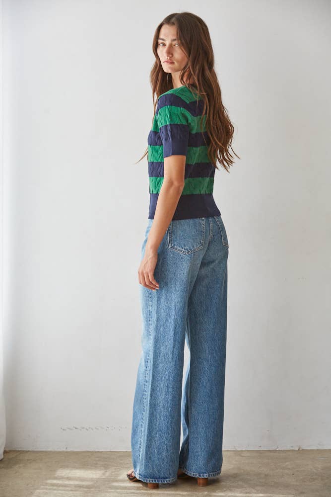 Striped Cable Knit Short Sleeve Cardigan in Navy & Green