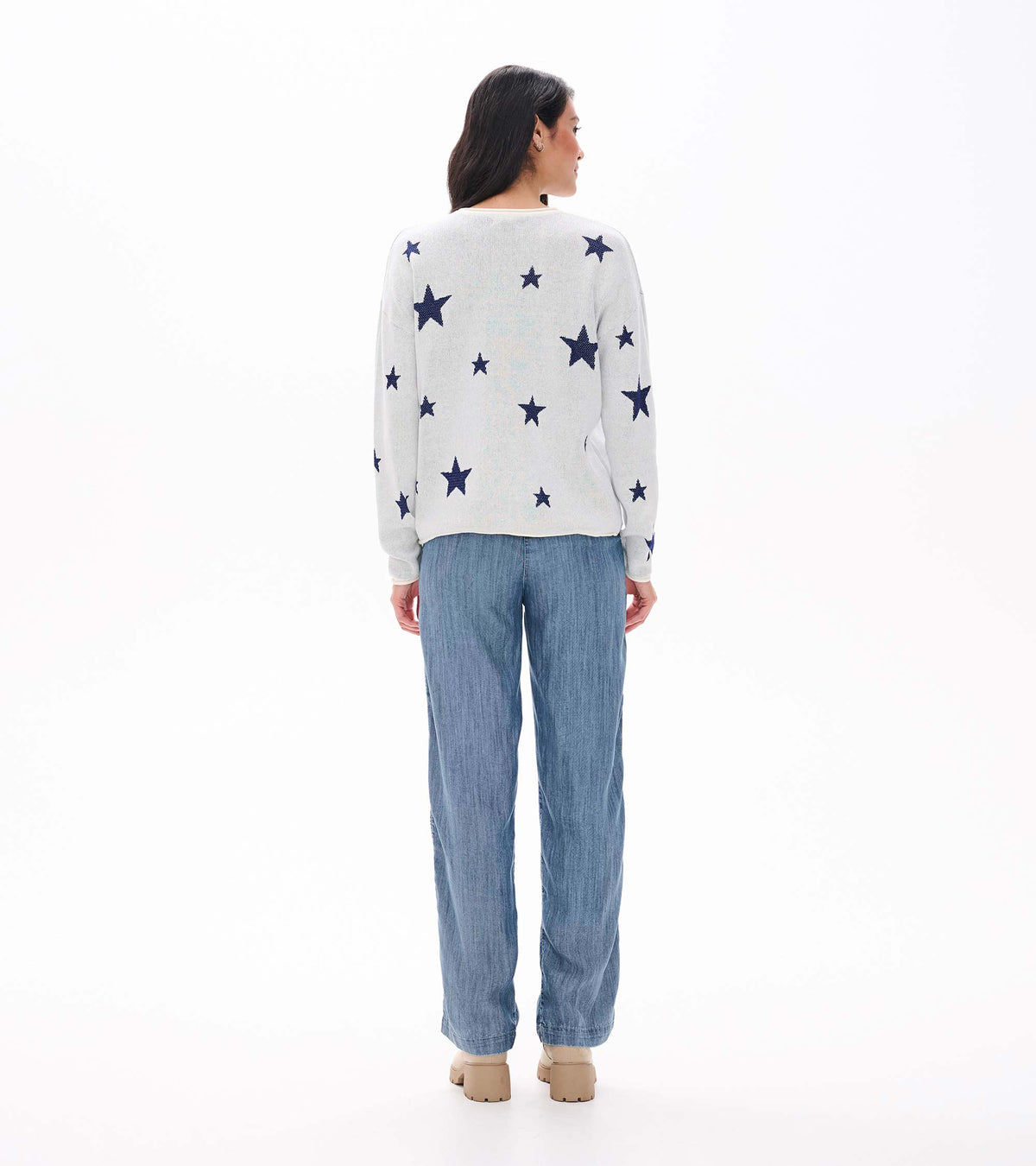 Rolled Edge Sweater in Navy Stars on Cream