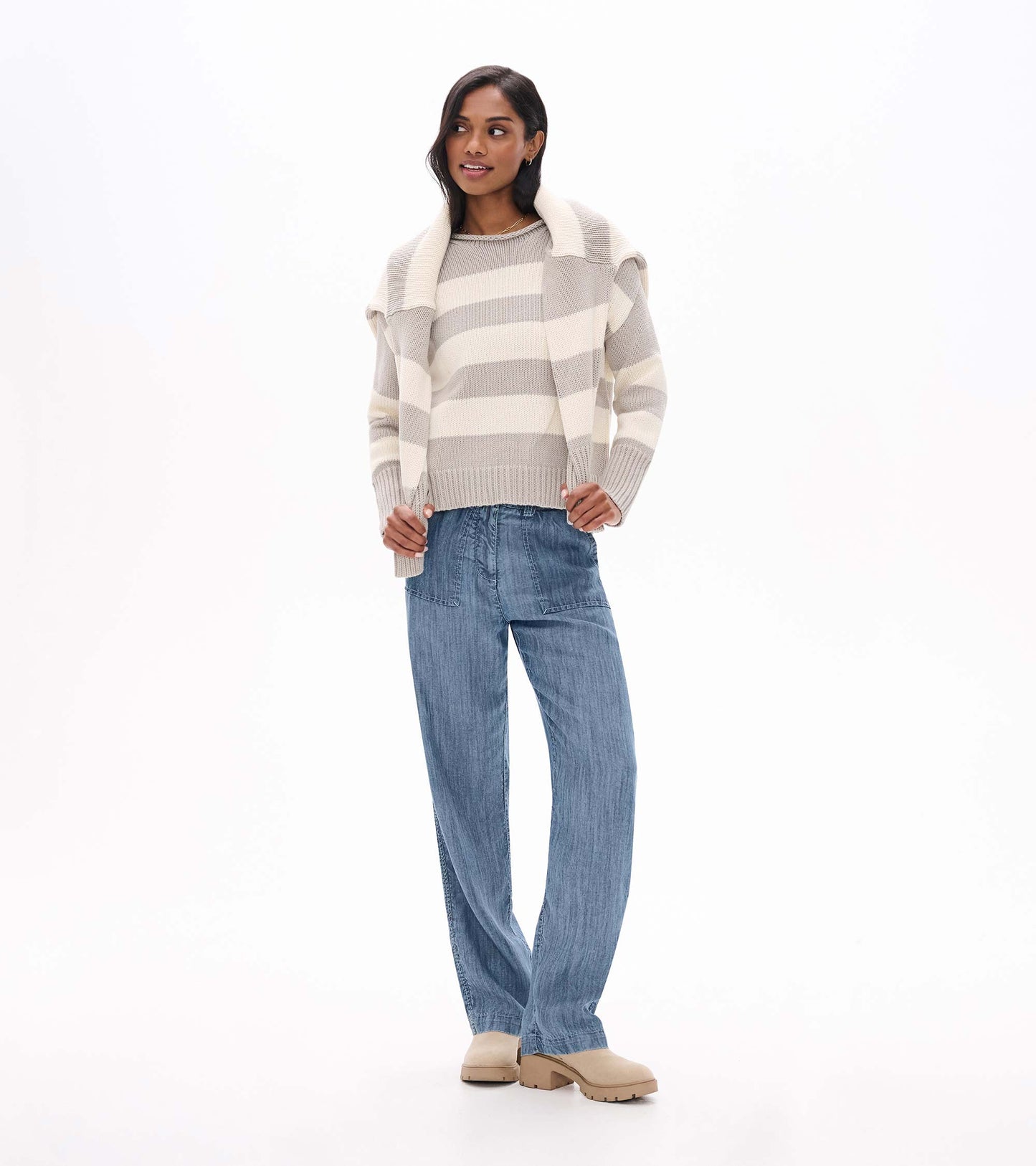Rolled Collar Sweater in Stone Stripes