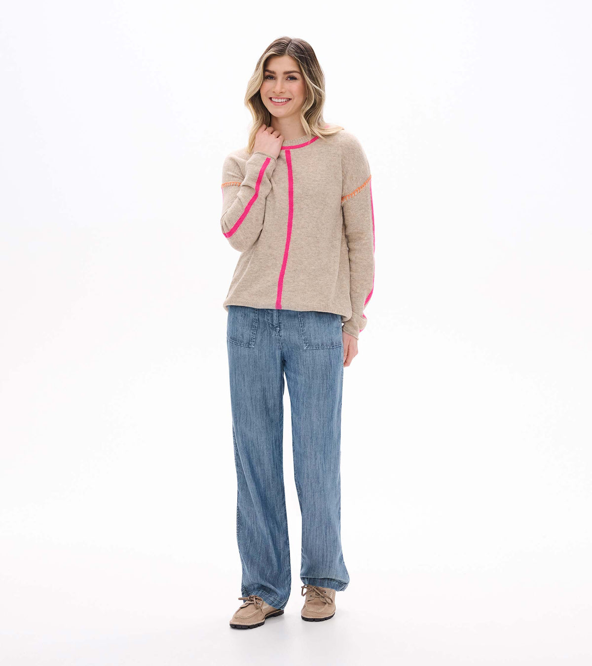 Maeve Sweater in Oatmeal & Neon Pink