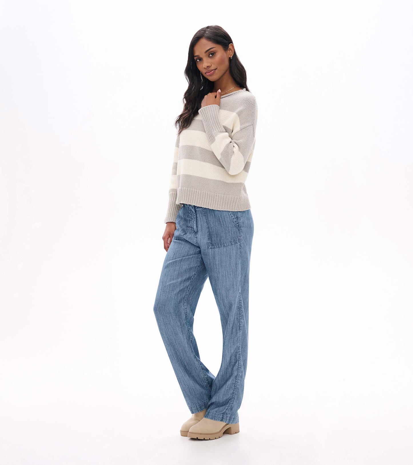 Rolled Collar Sweater in Stone Stripes