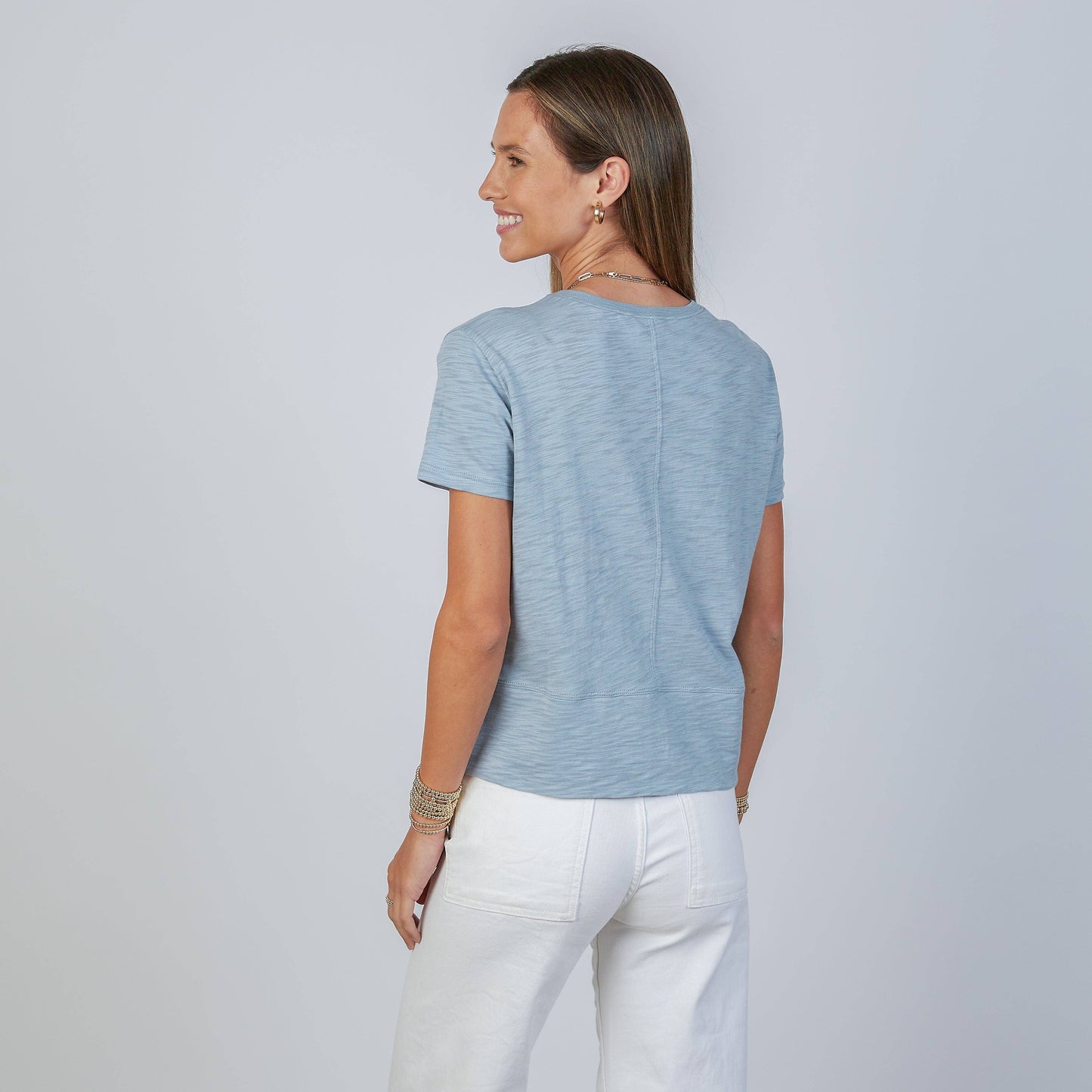 Celia Perfect Length Tee in Dusty Blue