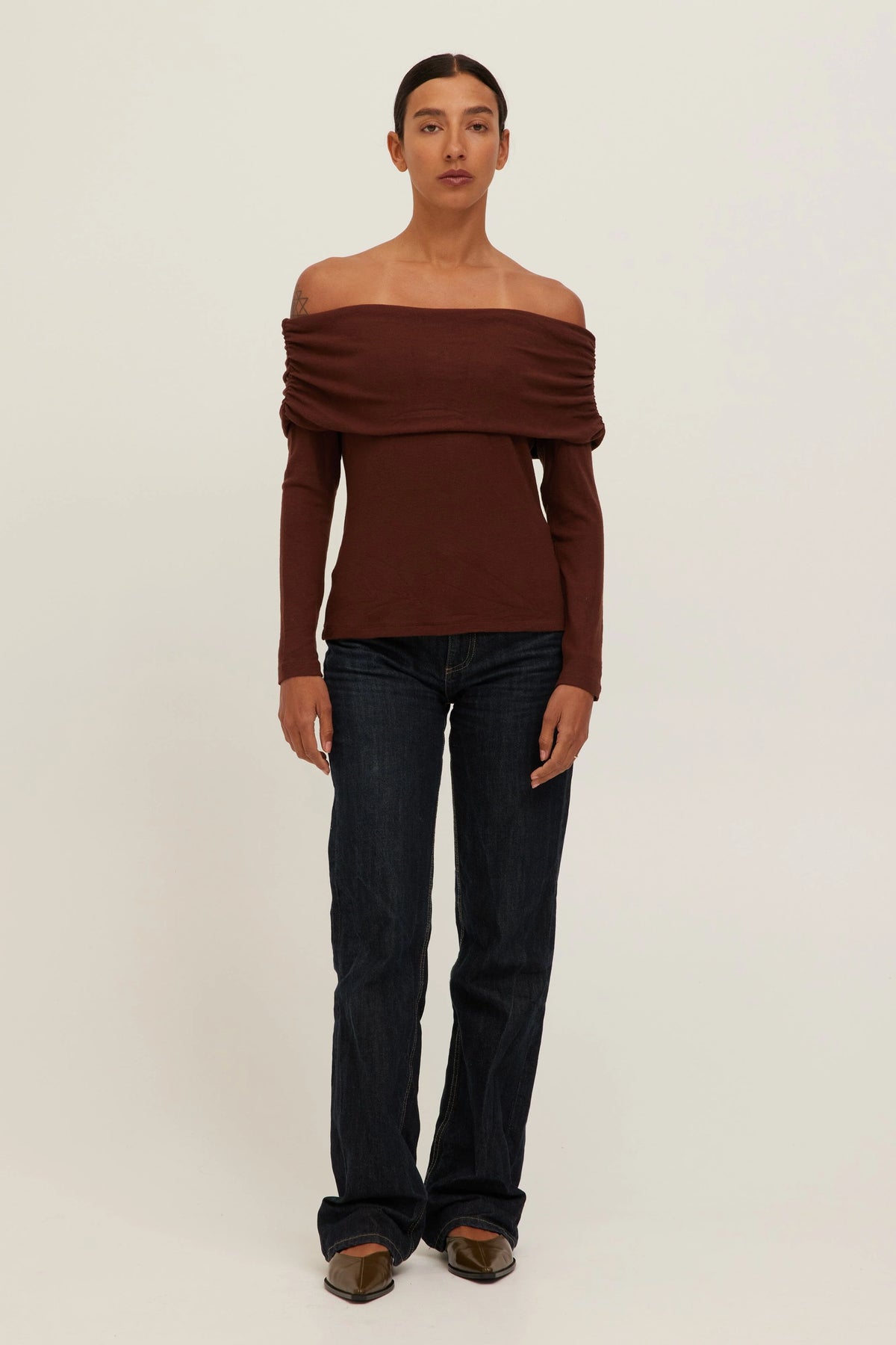 Studio City Off the Shoulder Sweater in Dark Mocha