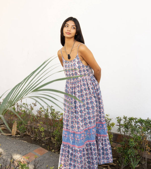 Somara Block Printed Cotton Maxi Sundress in Floral
